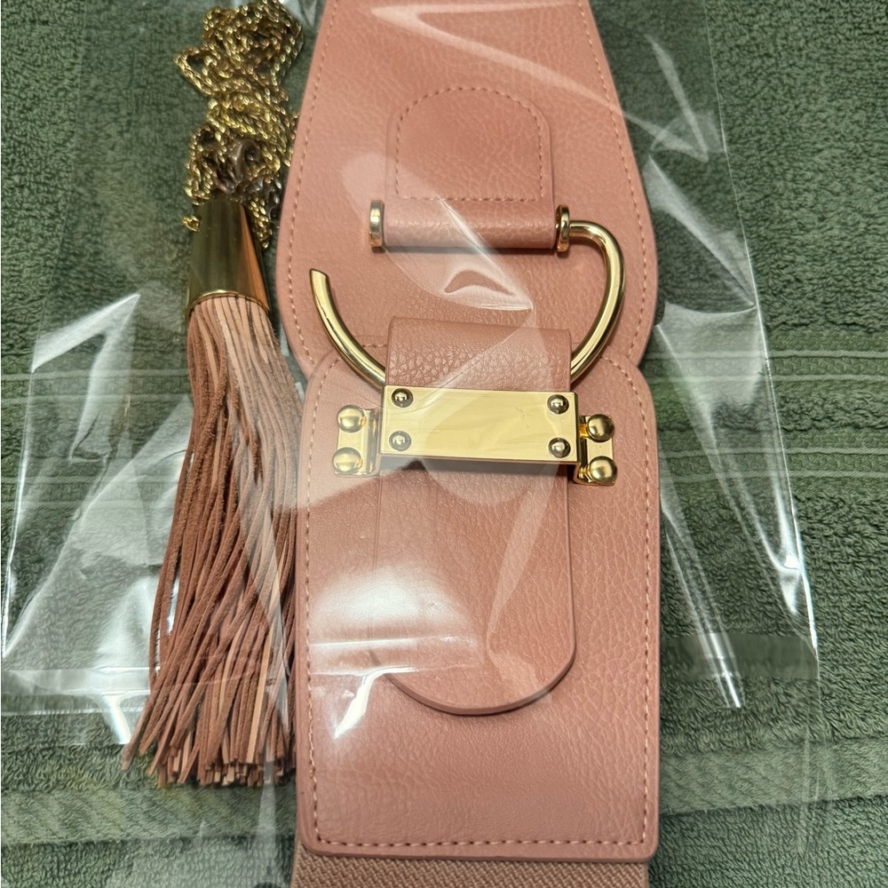 EUC Zenzii Pink Women's Belt XL 42”+ Pink 24” Neckace Both w/Gold Accents Set